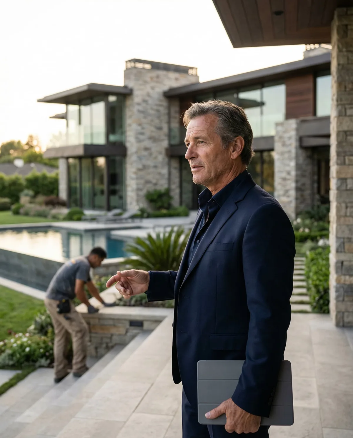Estate manager on the terrace of a private estate, directing work by the pool