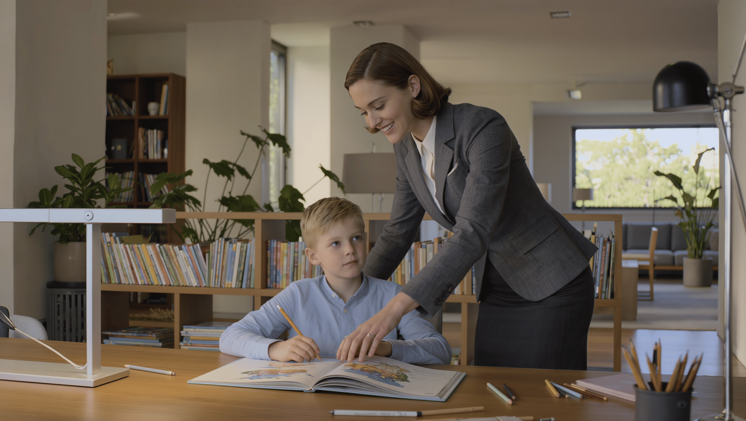 Governess working with a child at a desk