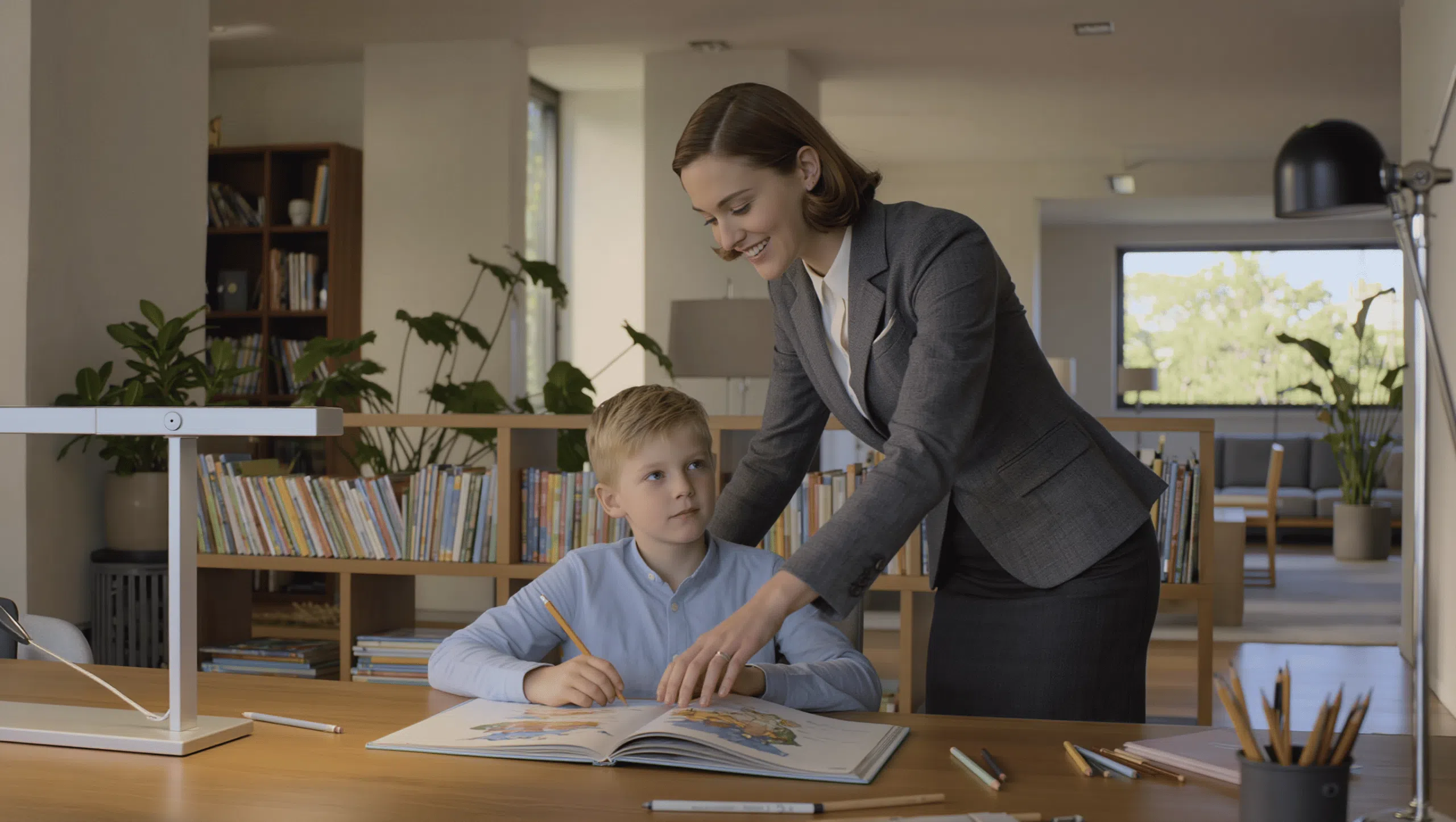Governess working with a child at a desk