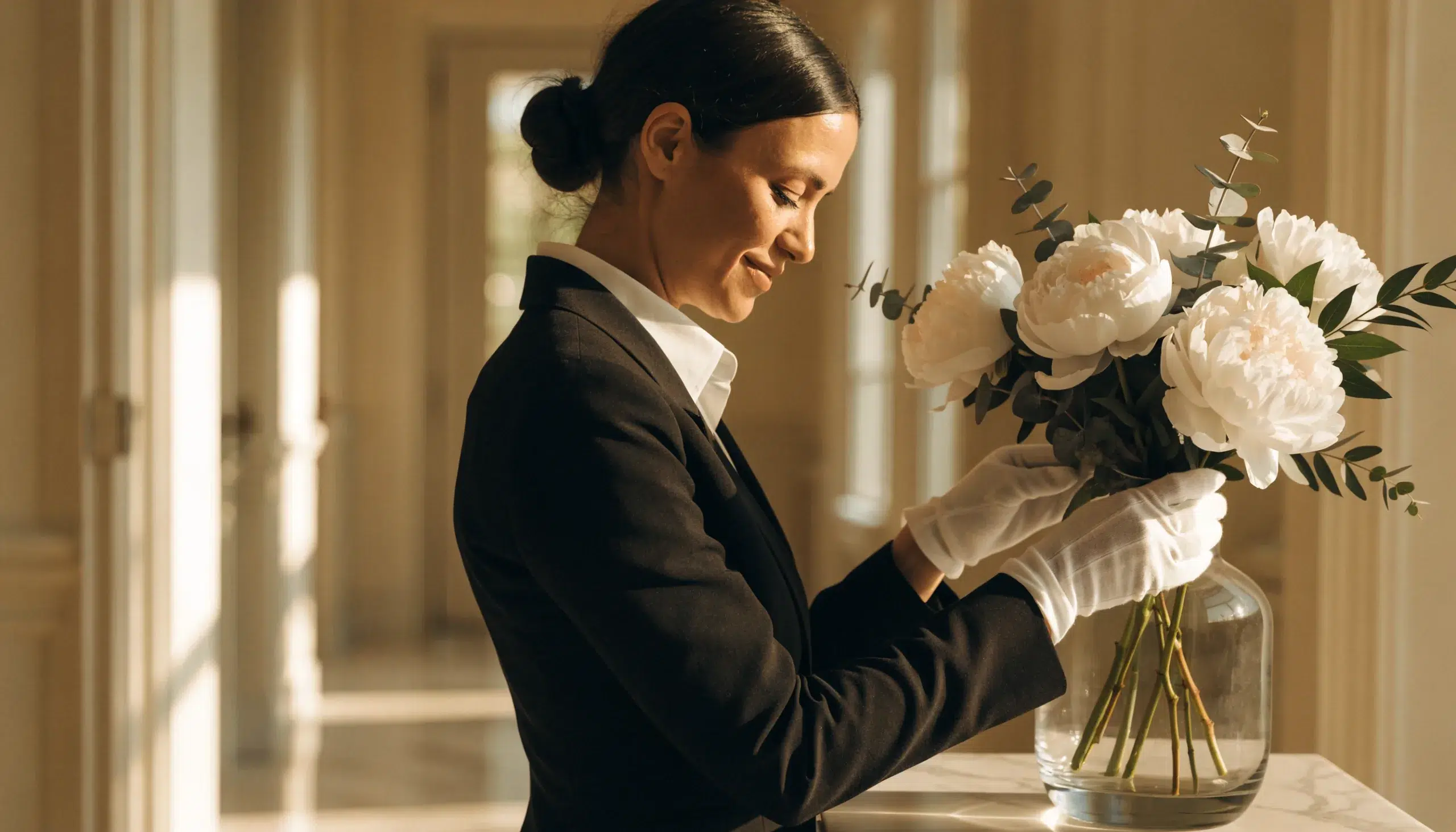 Female butler in a black suit and white gloves arranging white peonies in a sunlit hallway