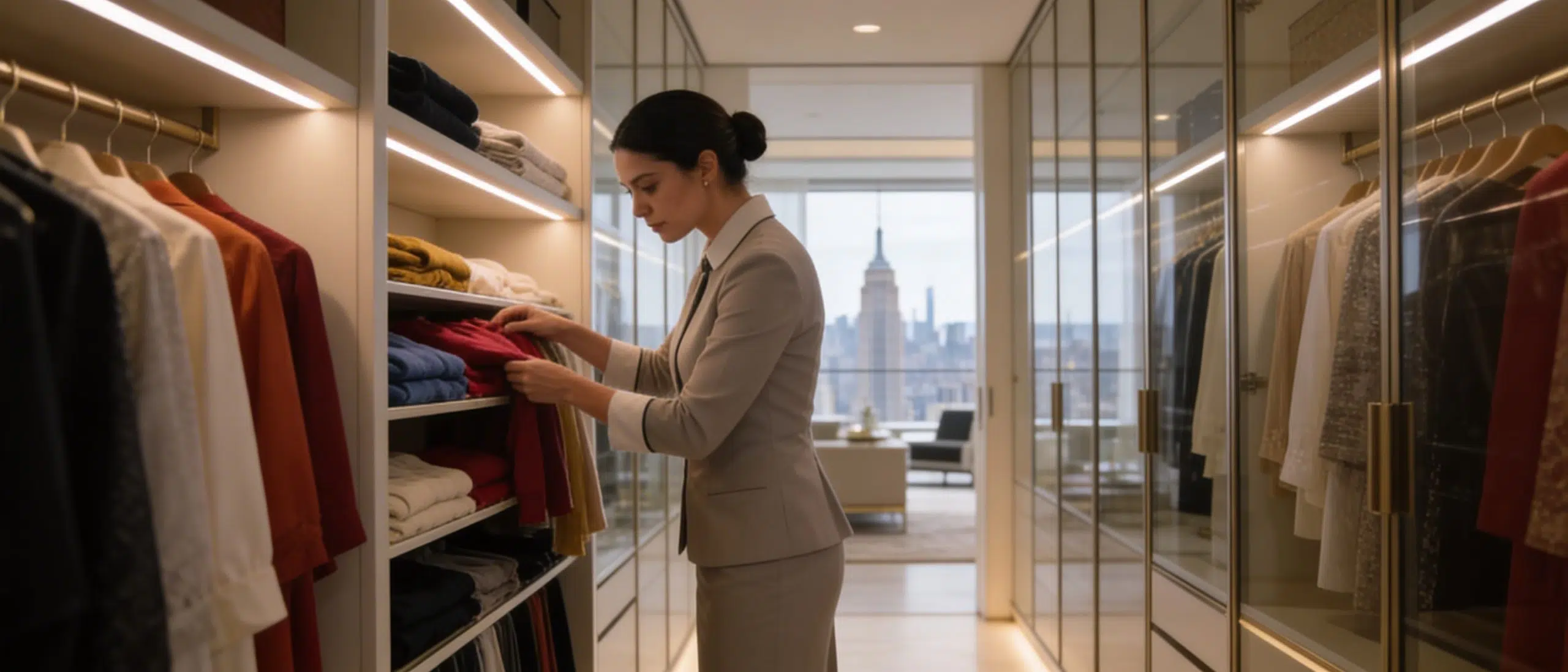 Private housekeeper arranging clothing in New York home