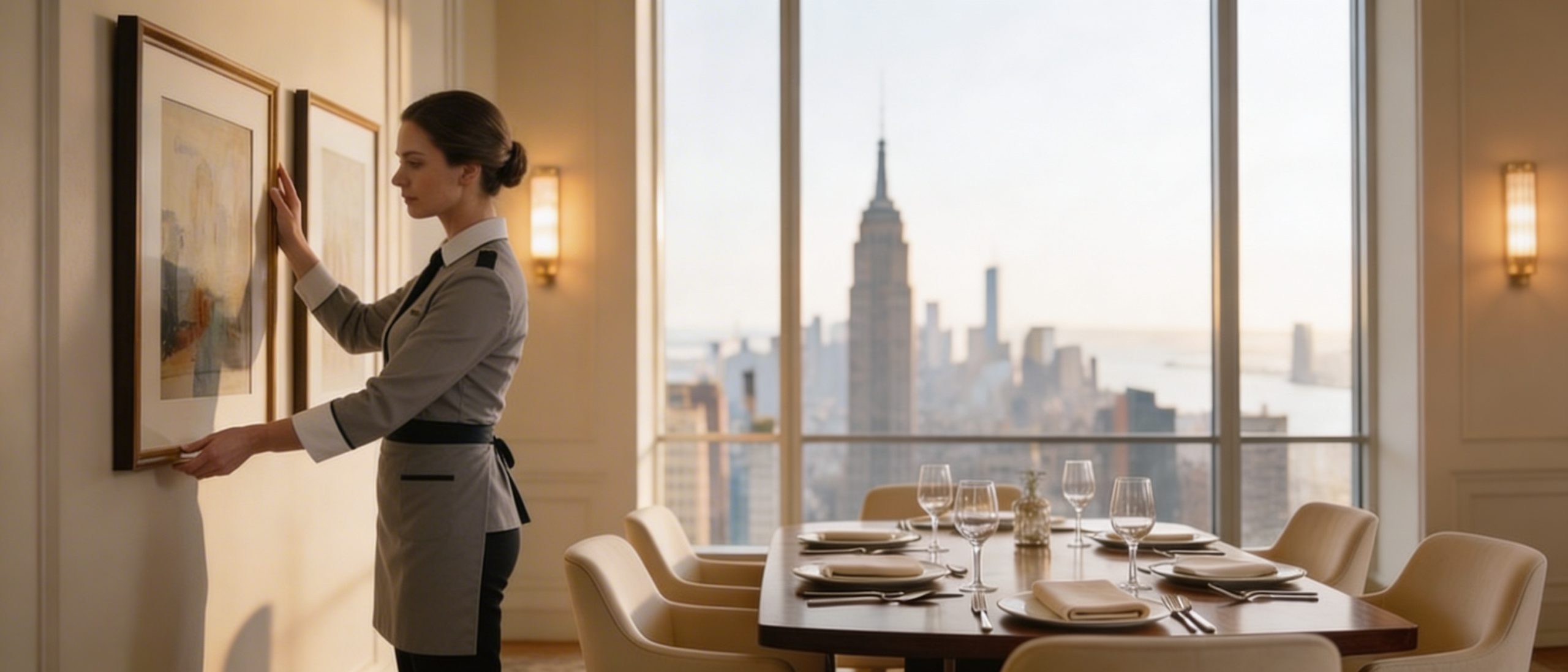 Housekeeper realigning a picture on the wall in New York apartment