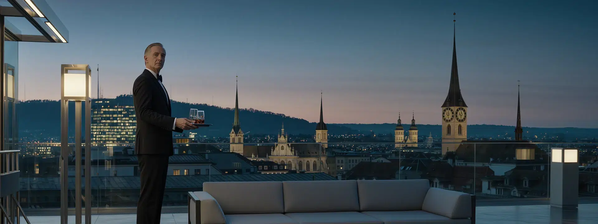 Butler holding drinks tray on terrace in Switzerland