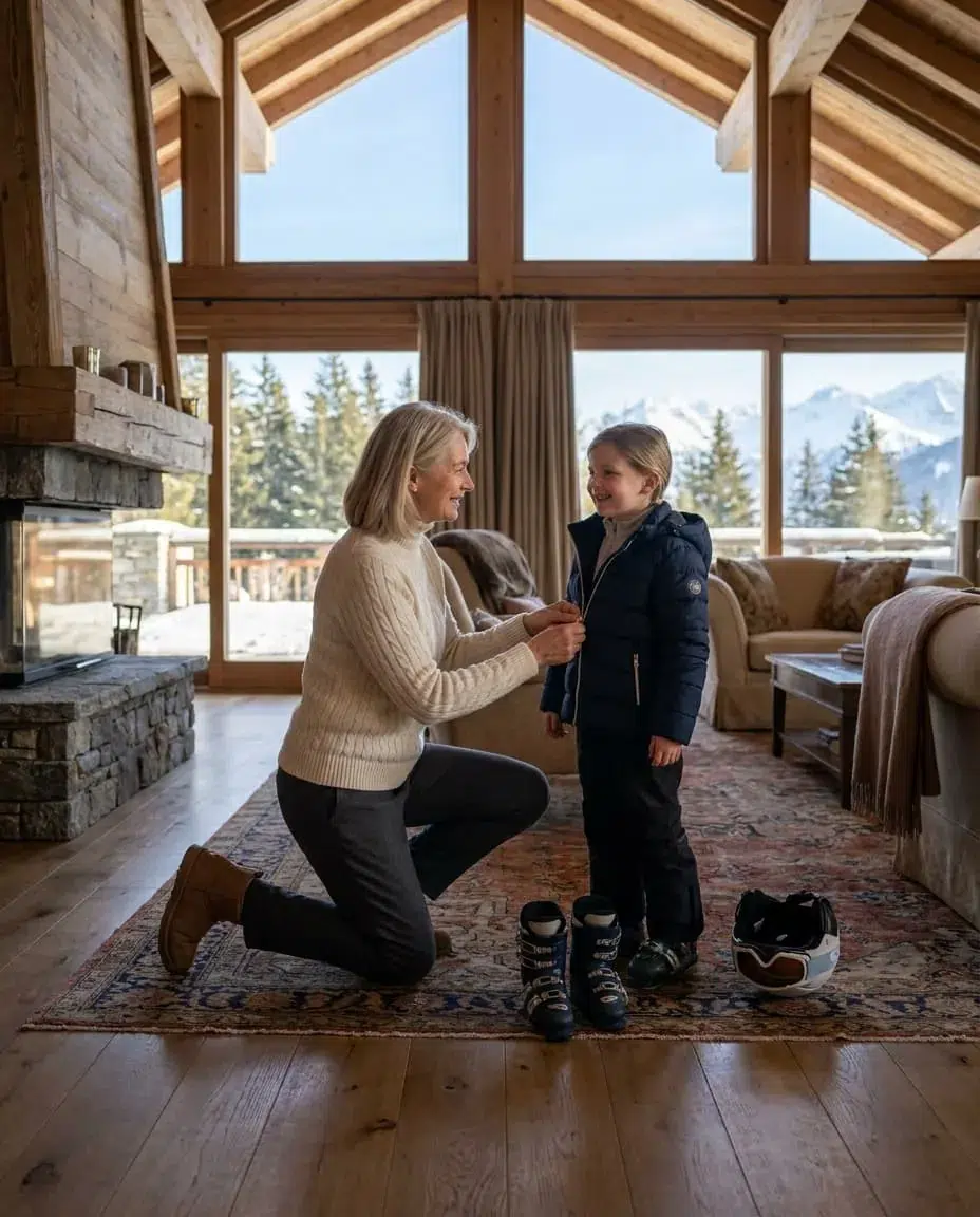 A nanny zipping up a young child's ski jacket in a mountain chalet, with ski boots and a helmet on the rug